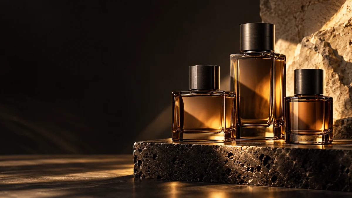 عطرهای شیشهای کهربایی روی سنگ مشکی